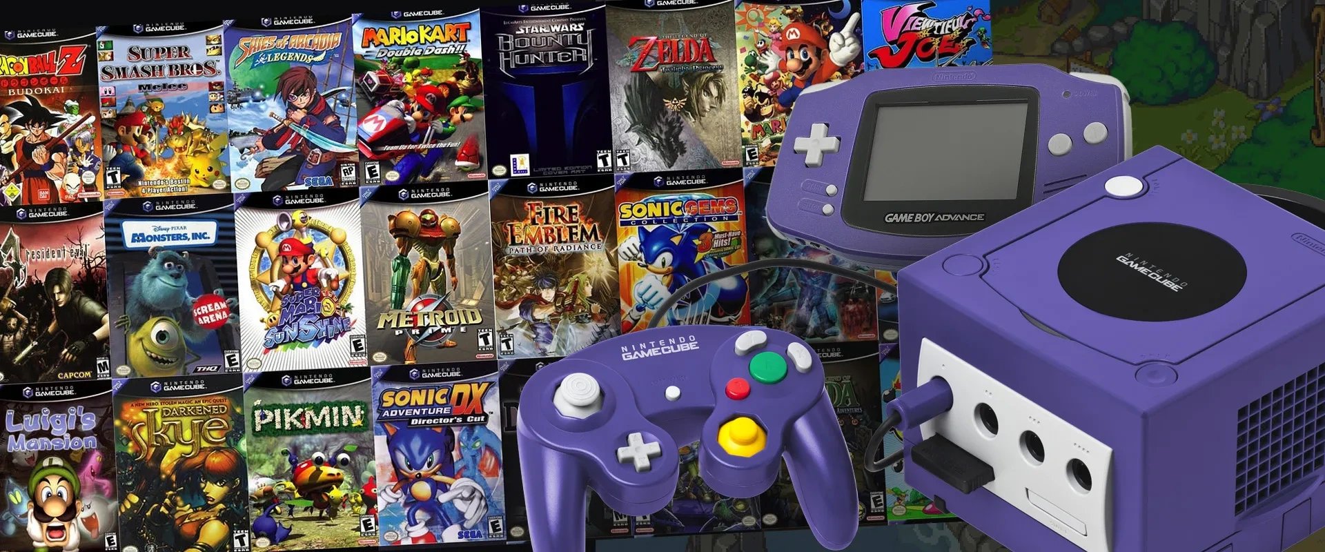 Imagem de diversas capas de jogos à esquerda e imagem dos consoles GBA  e Gamecube à direita