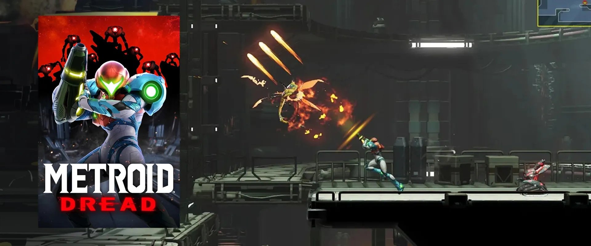Capa de Metroid Dread à esquerda, imagem do jogo ao fundo
