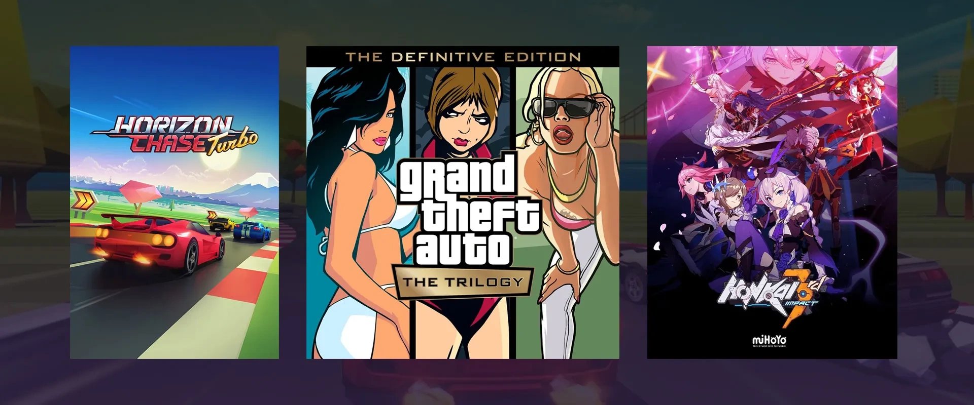 Imagem das capas dos jogos Horizon Chase: Turbo,  GTA: Trilogy e Honkai Impact the 3rd