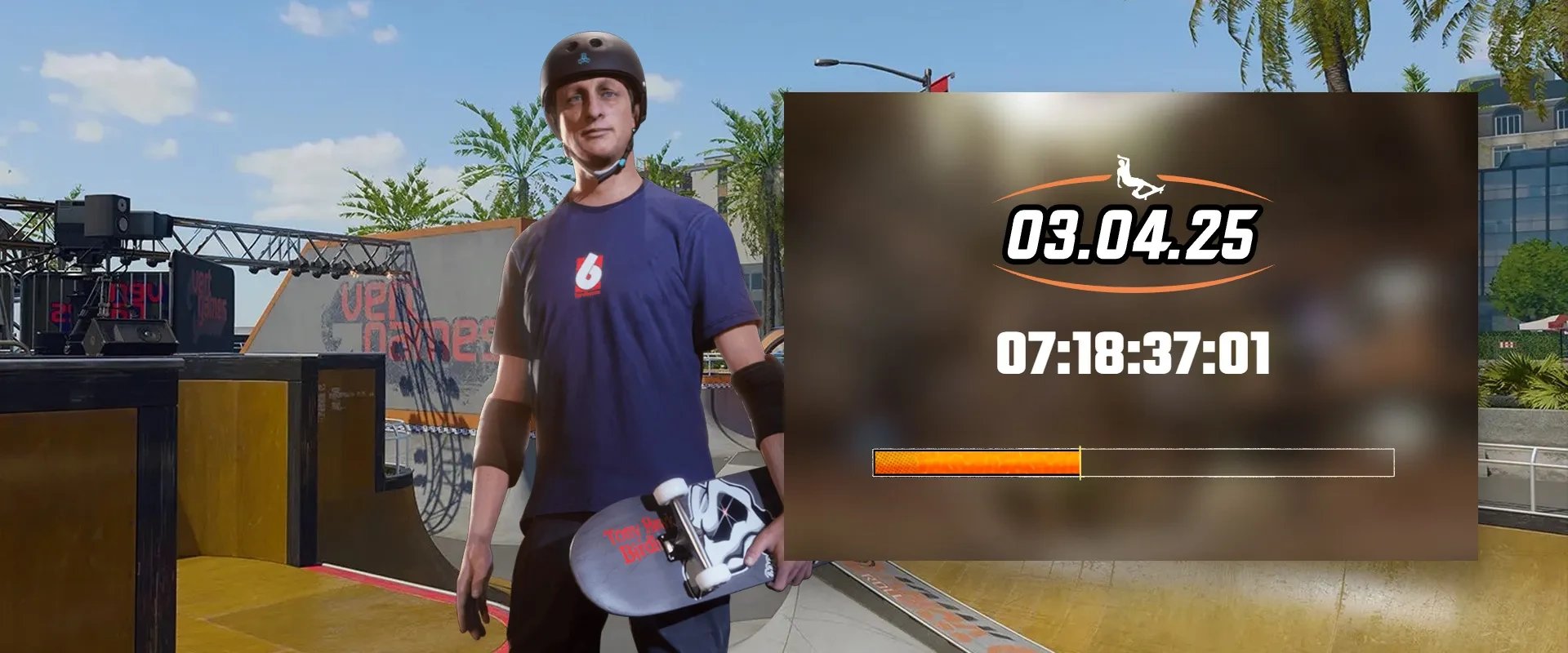 Imagem de um dos mapas do jogo Tony Hawk Pro Skater 1 + 2 , Tony Hawk em sua versão do jogo ao centro e uma página com um contador até o dia do anúncio