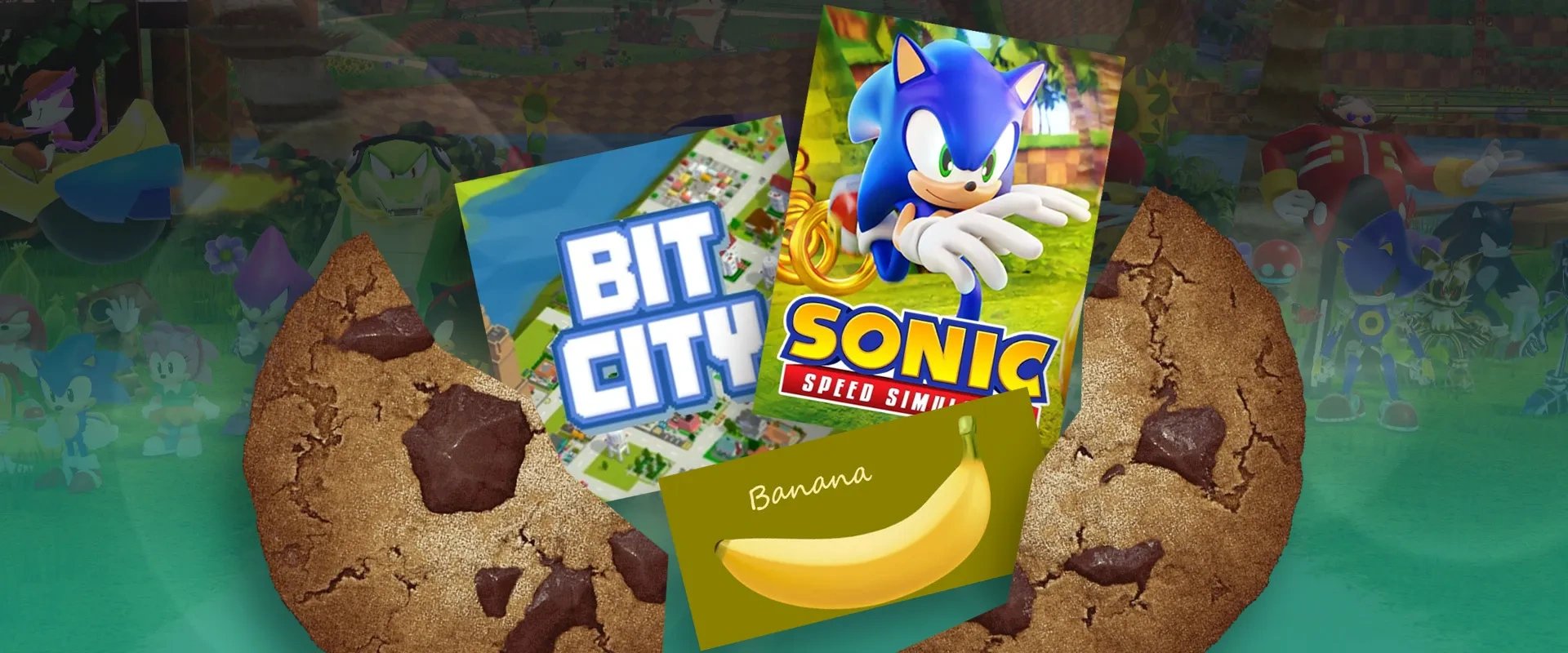 Um biscoito rachado ao meio com imagem da capa dos jogos bit City, Sonic Speed Simulator e Banana saindo