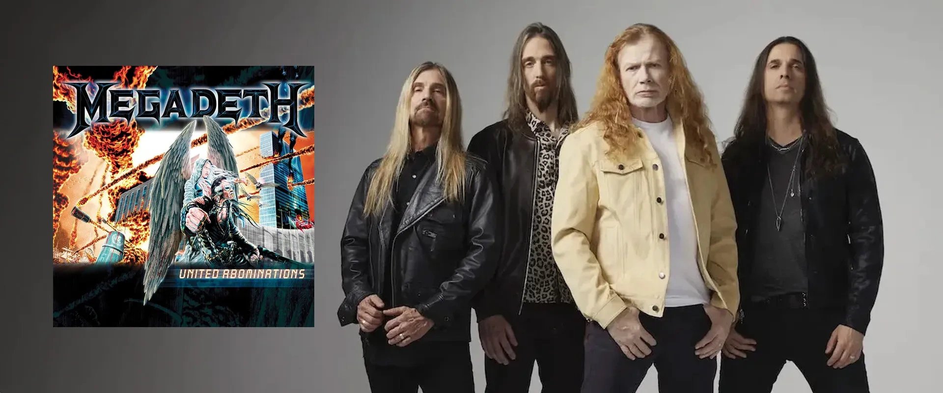 Imagem do album United Abominations à esquerda e imagem dos membros da banda Megadeth em 2024