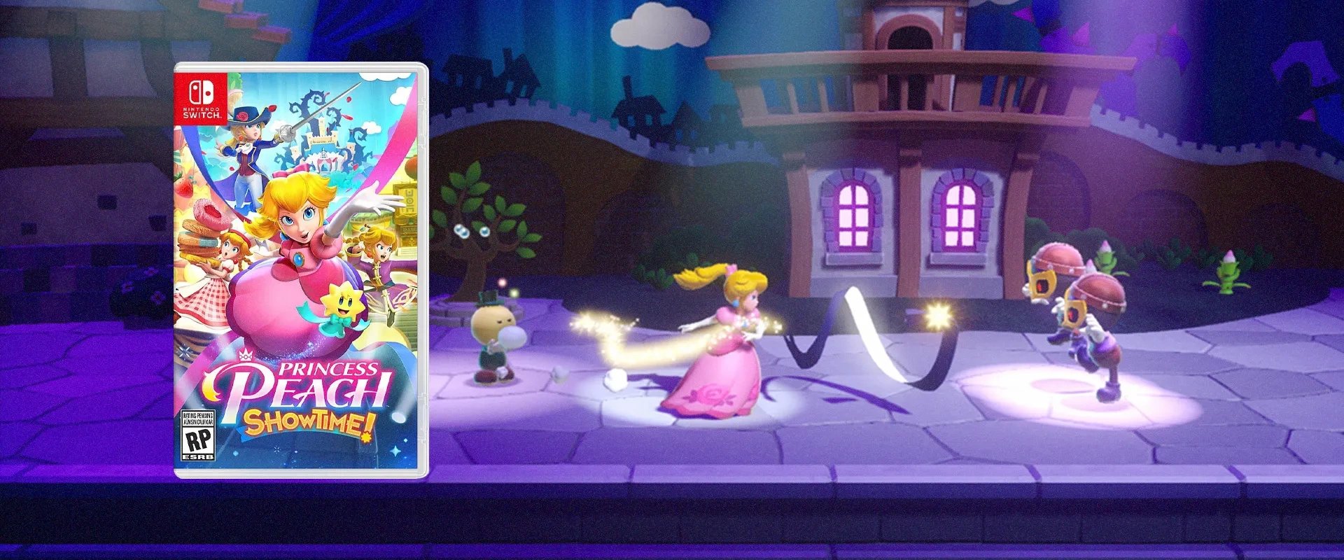 Capa do jogo Princess Peach: ShowTime! à esquerda e ao fundo captura do jogo