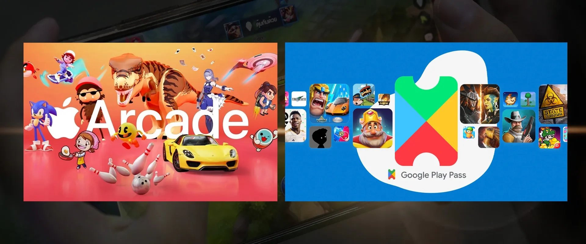 À esquerda a imagem do Apple Arcade e à direita a Imagem do Google Play Pass