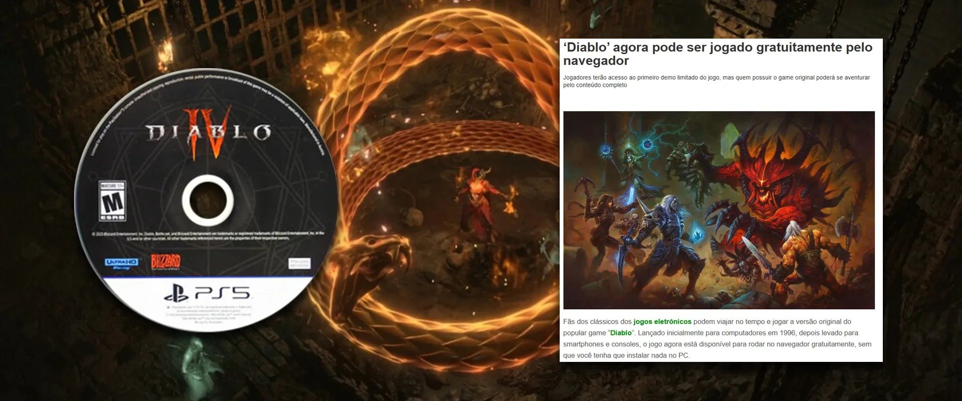 Disco do Diablo IV à esquerda, imagem do jogo ao fundo, e uma notícia à direita falando da versão demo em web browser do Diablo original