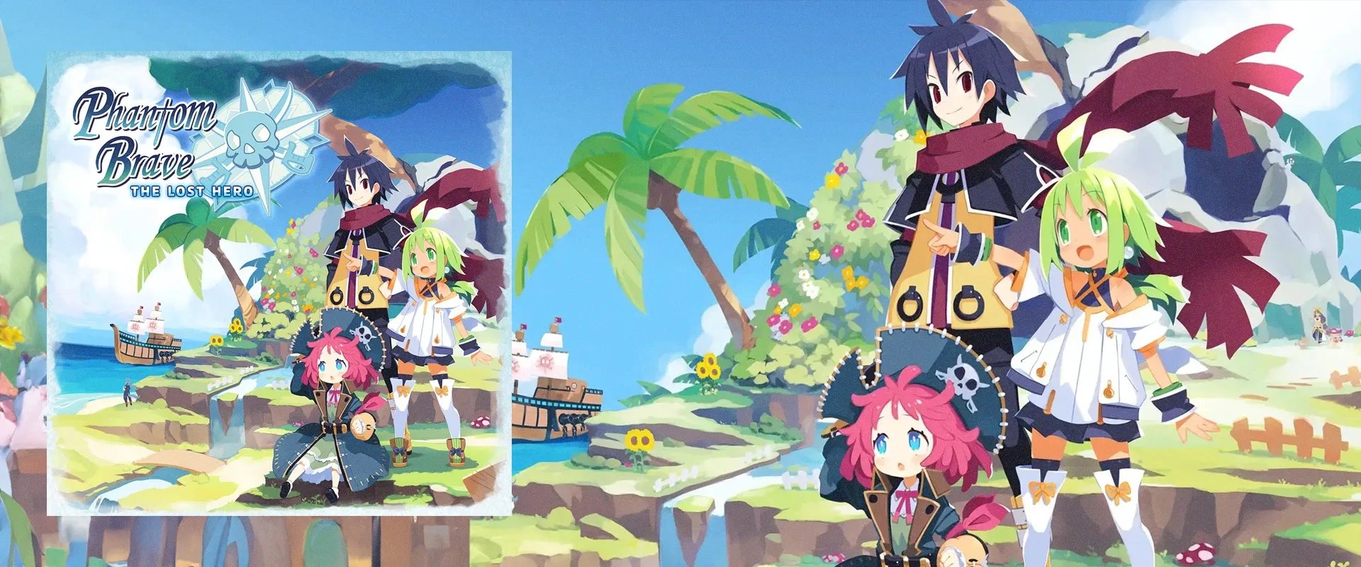 Capa de Phantom Brave à esquerda e arte do jogo ao fundo Phantom Brave: The Last Hero