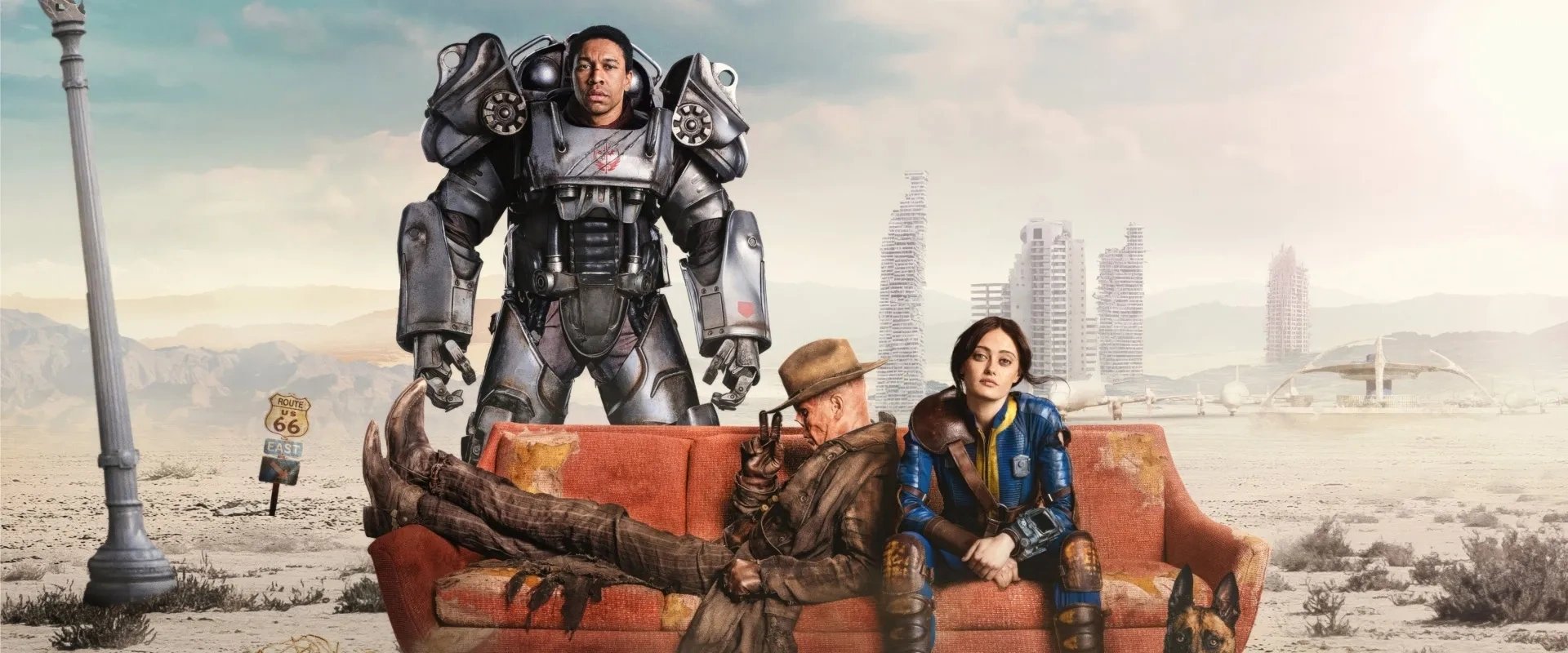 Imagem com personagens da séries Fallout sentados em um sofá