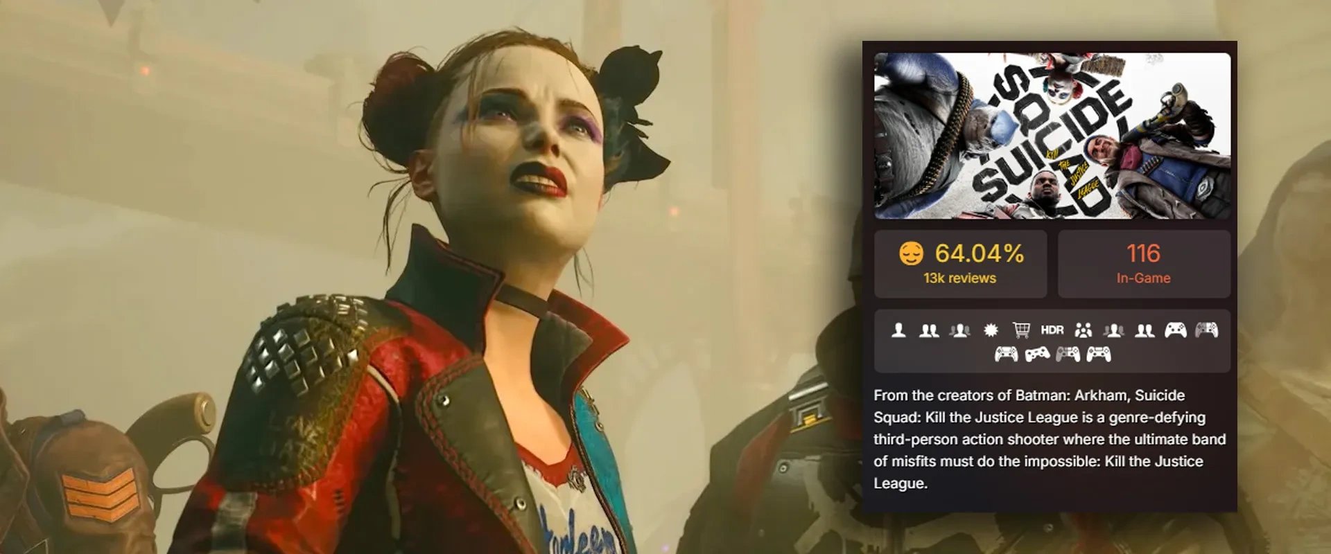 Imagem mostrando a Harley Quinn à esquerda, e a página mostrando as críticas do jogo