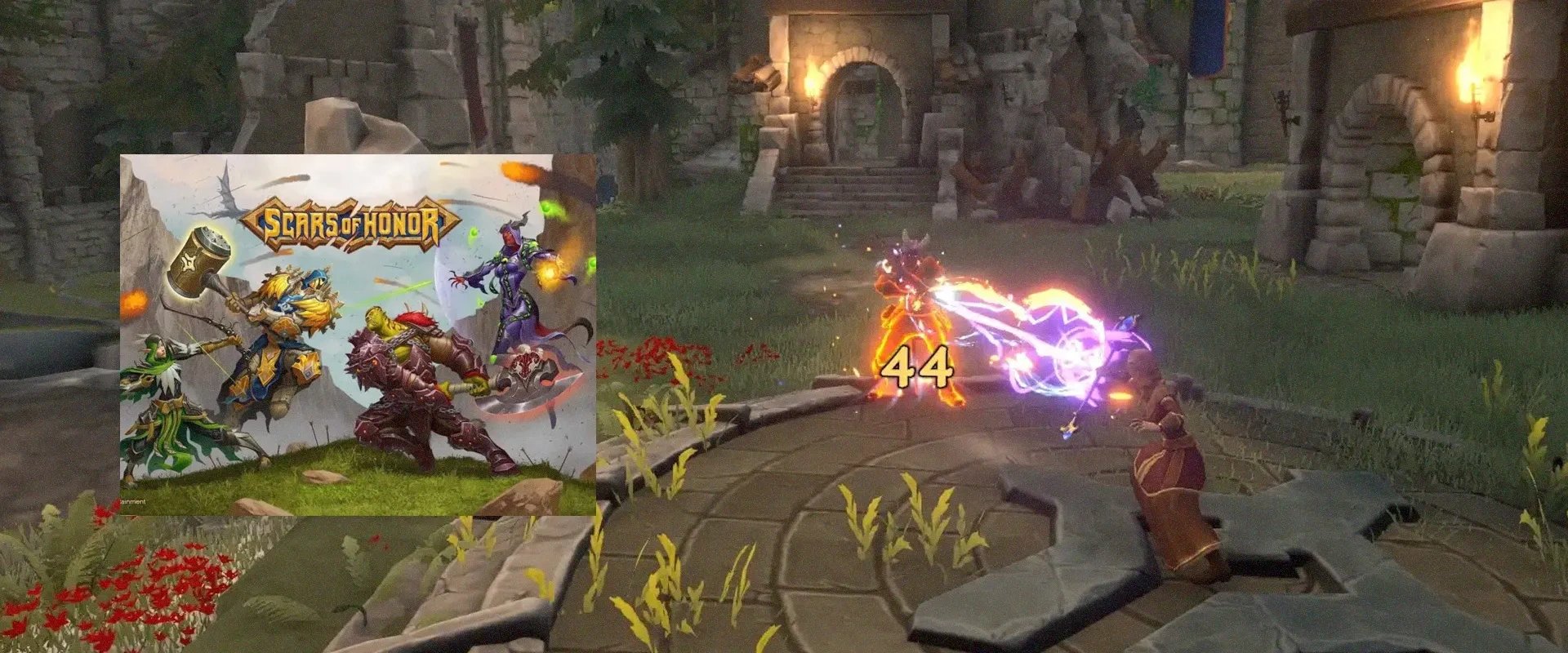 Capa de Scars of Honor à esquerda e captura do jogo ao fundo