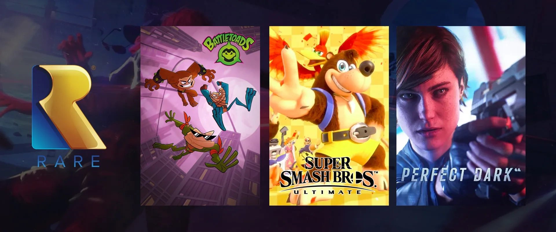 Novo logo da Rare, Imagem dos jogos Battletoads, Super Smash Bros. Ultimate e Perfect Dark