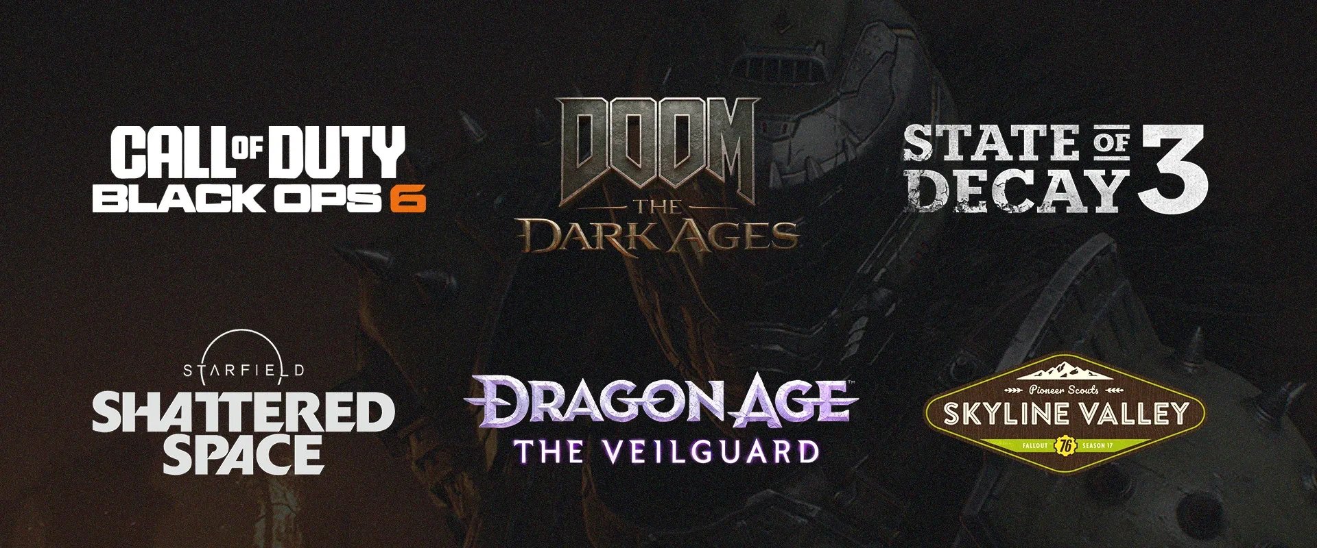 Logo de diversos jogos diferentes: Call of Duty: Black Ops 6; Doom  The Dark Ages; State of Decay 3; Starfield Shattered Space; Dragon Age: The Veilguard; Skyline Valley
