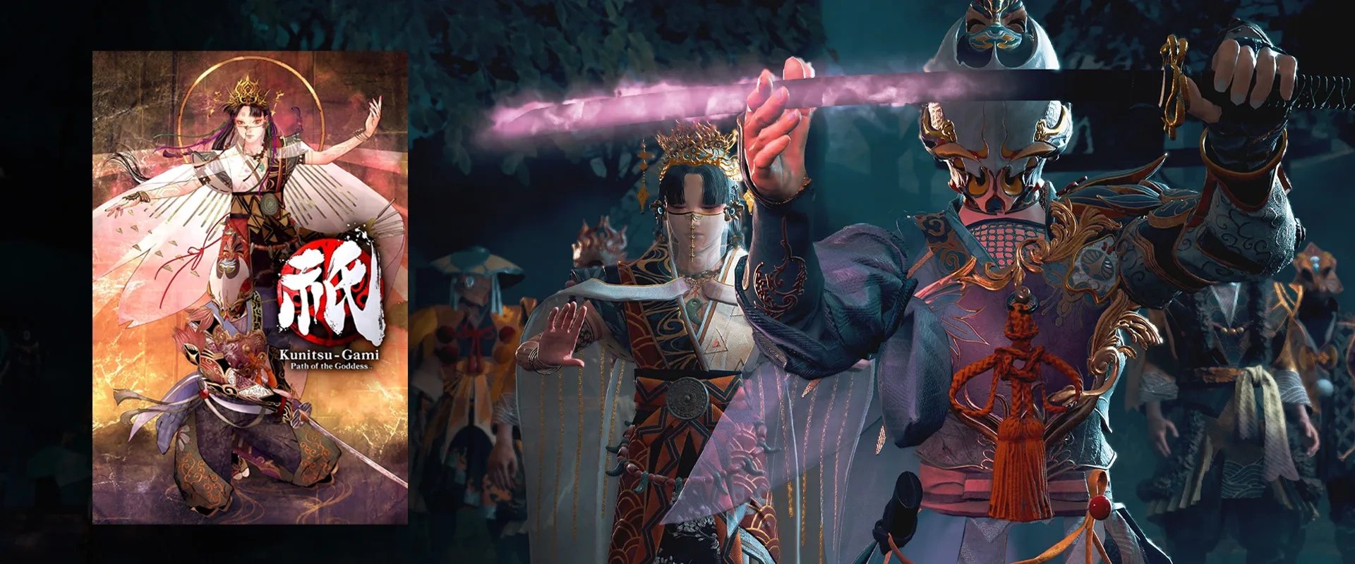 Capa de Kunitsu-Gami: Path of the Goddess à esquerda, e imagem do jogo ao fundo