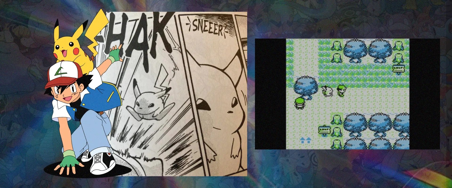 Imagem de Ash e Pikachu da versão do anime À esquerda, uma versão de Pikachu em um dos mangás de Pokémon ao centro; imagem do Pikachu que caminha ao lado de Red em Pokémon Yellow