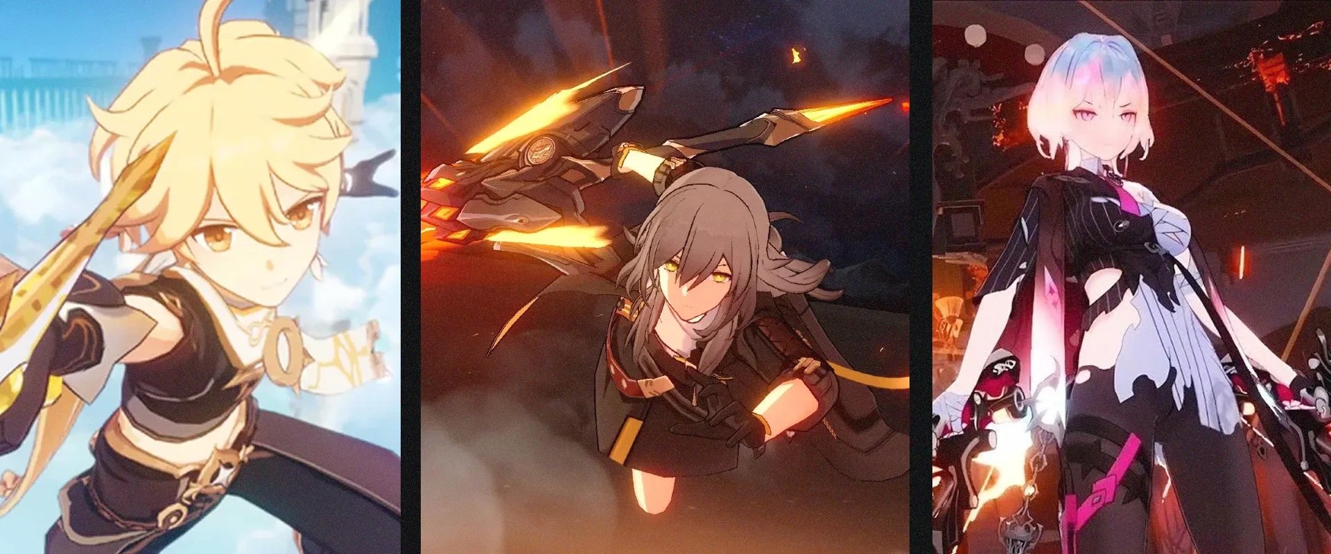 Imagens dos jogos Genshin Impact à esquerda, Honkai: Star Rail ao centro; e Zenless Zone Zero à direita