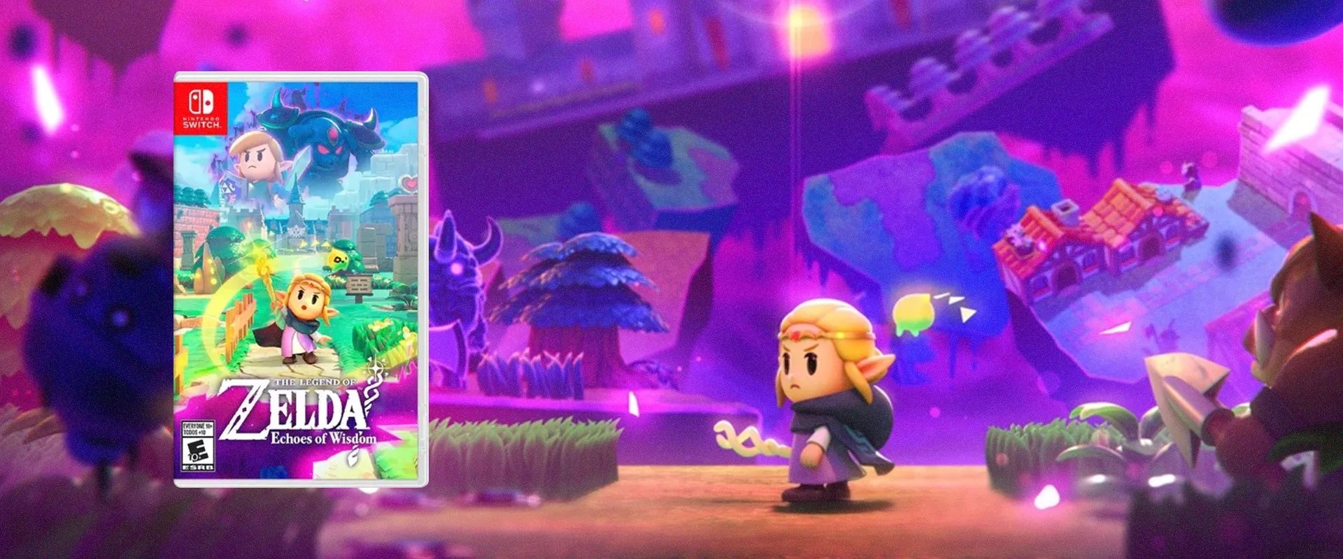 Capa do Zelda: Echoes of Widsom à esquerda com imagem do jogo ao fundo