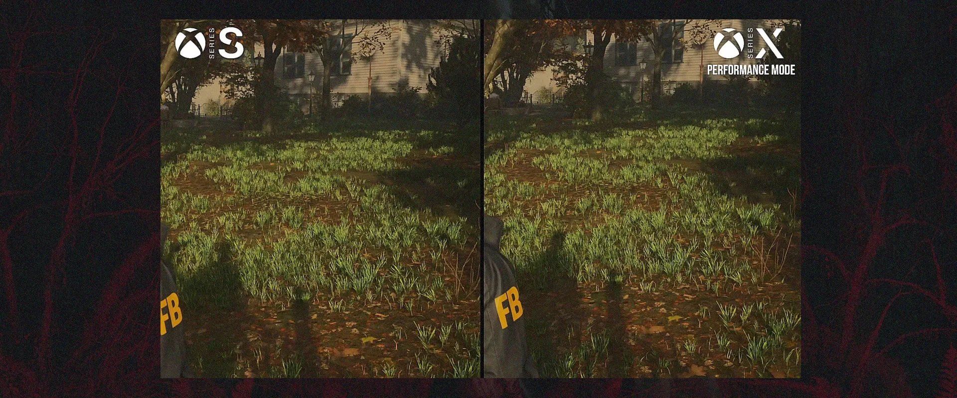 Imagem comparado os gráficos de Alan Wake 2 no Xbox Series S (à esquerda) e Series X (à direita)