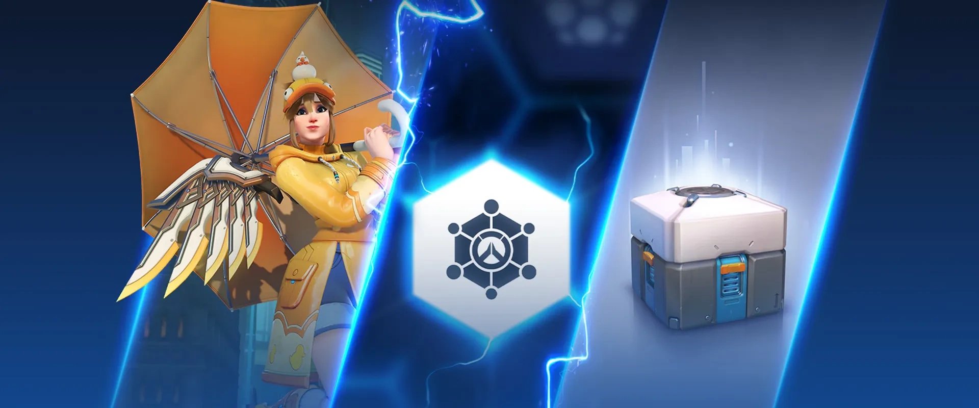 Imagem mostrando a personagem Mercy à esquerda, ícone de ponotos ao centro, e ícone de loot boxes à direita
