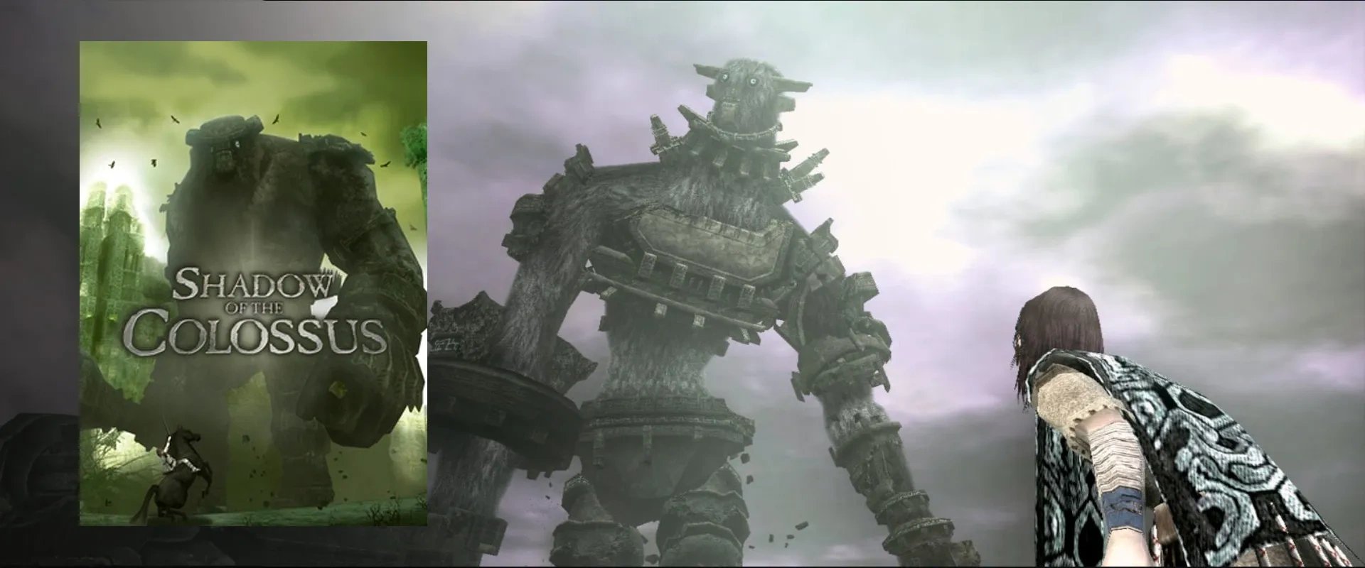 Capa de Shadow of the Colossus à esquerda e imagem do jogo ao fundo
