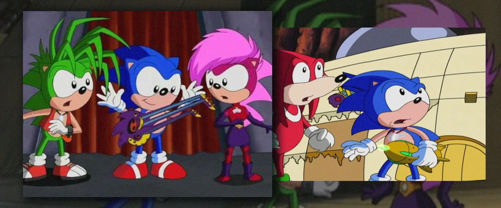 Capturas do desenho Sonic Underground  Com Manic, Sonia e Sonic à esquerda, e Knuckles e Sonic à direita