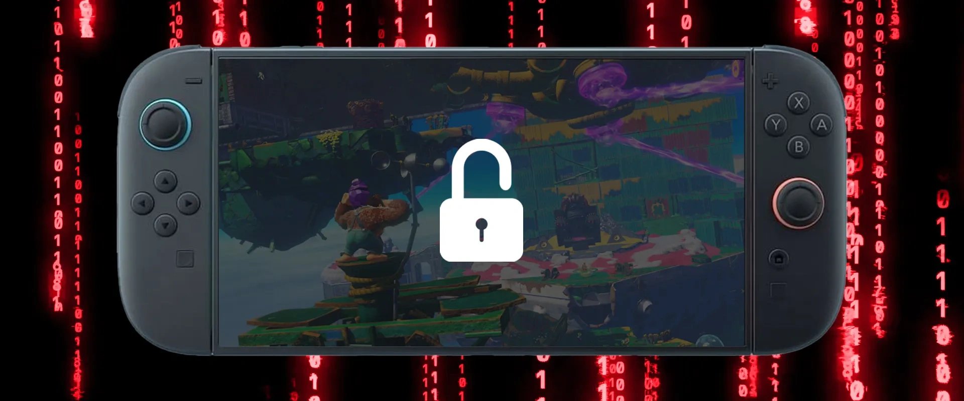 Fundo de numeros caindo em tela preta, um switch 2 com um simbolo de cadeado aberto e um jogo na tela do console