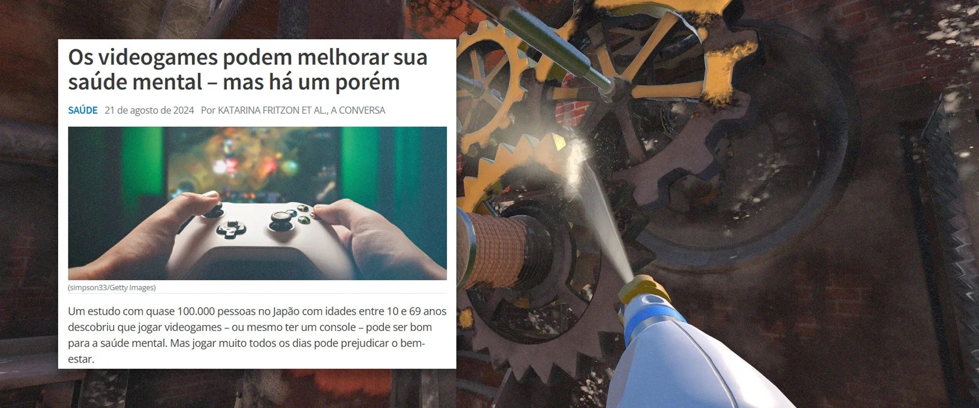 Estudo falando sobre como jogar pode impactar positivamente a saude mental à esquerda e captura do jogo PowerWash simulator ao fundo