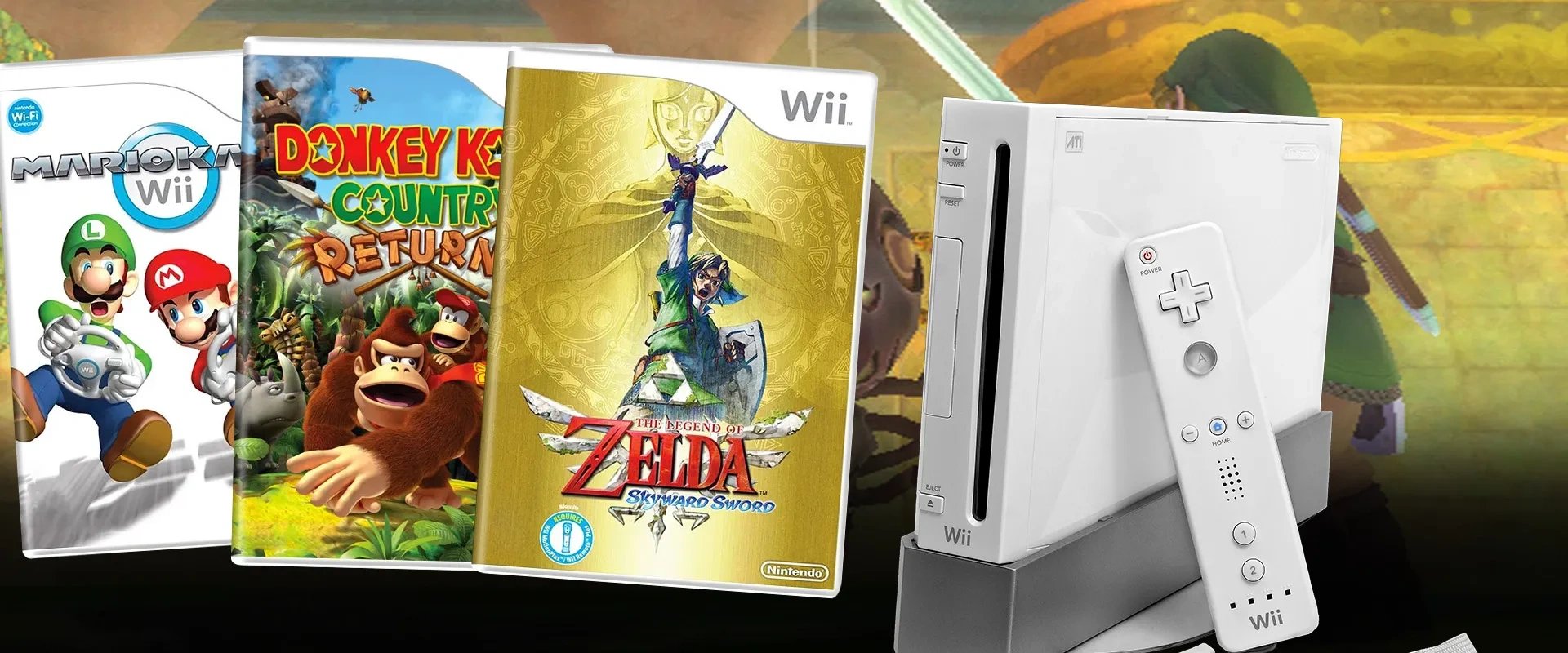 Imagem mostrando os jogos físicos de Mario Kart Wii, Donkey Kong Country Returns e The Legend of Zelda: Skyward Sword