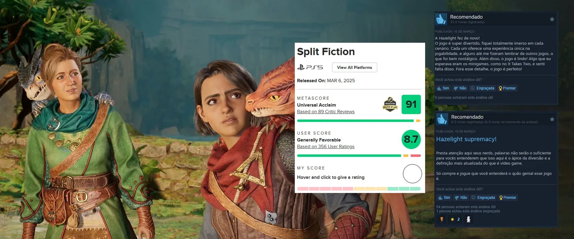 Imagem do jogo Split fiction ao fundo, Imagem do site Metacritic com as notas de 91 pela crítica e 8.7 do público e à direita algumas análises positivas sobre o jogo
