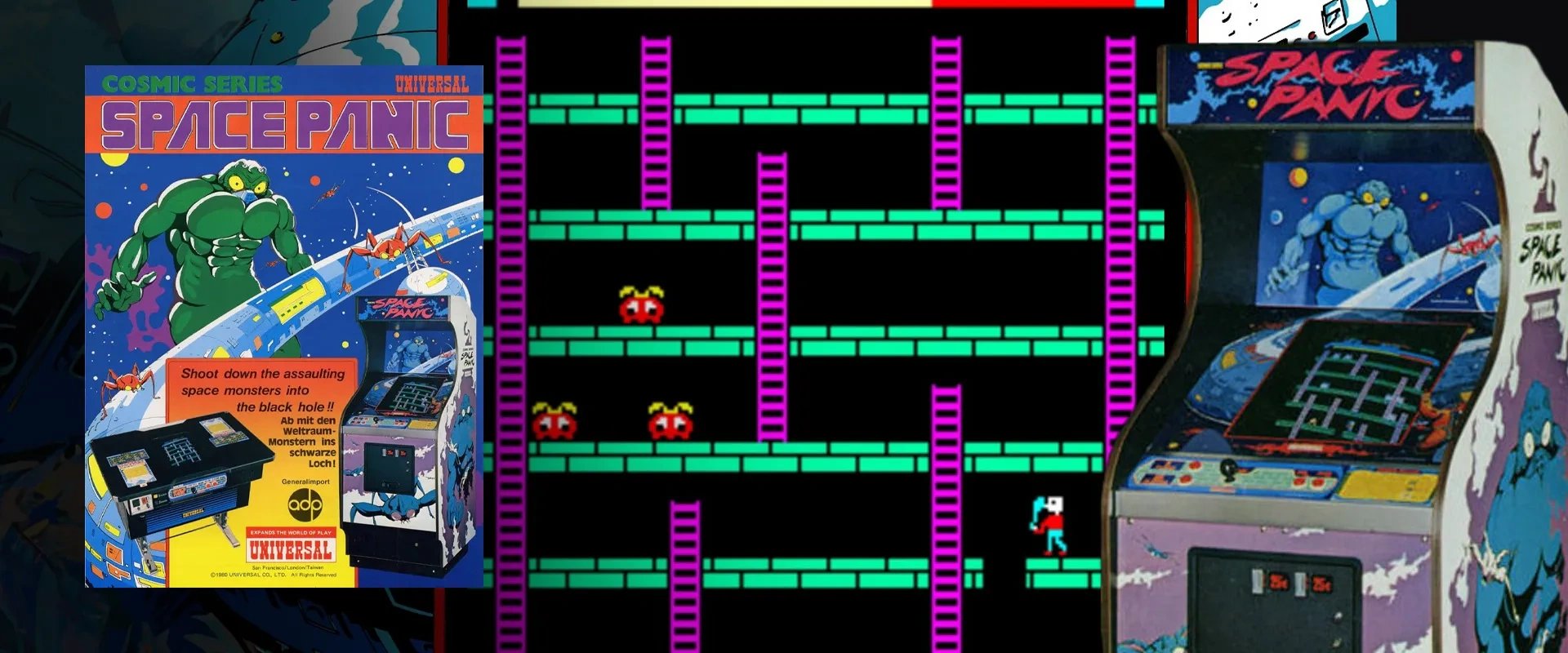 Capa de Space Panic à esquerda, imagem do jogo ao fundo, e a máquina de fliperama a direita
