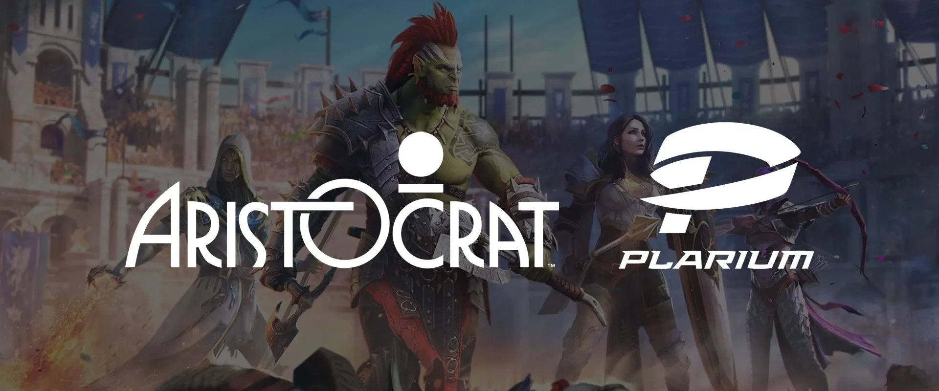 Imagem mostrando um  quadro de um video cinemático de RAID: Shadow Legends ao fundo, com os logos de Aristocrat e Plarium