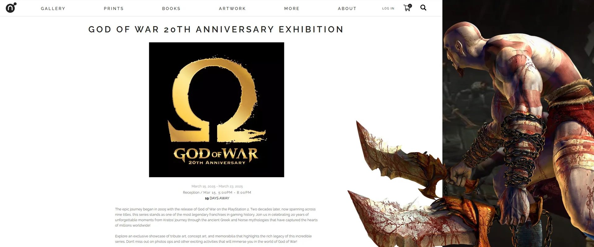 Imagem do site oficial da galeria Nucleus na Califórnia e Kratos de God of War à direita