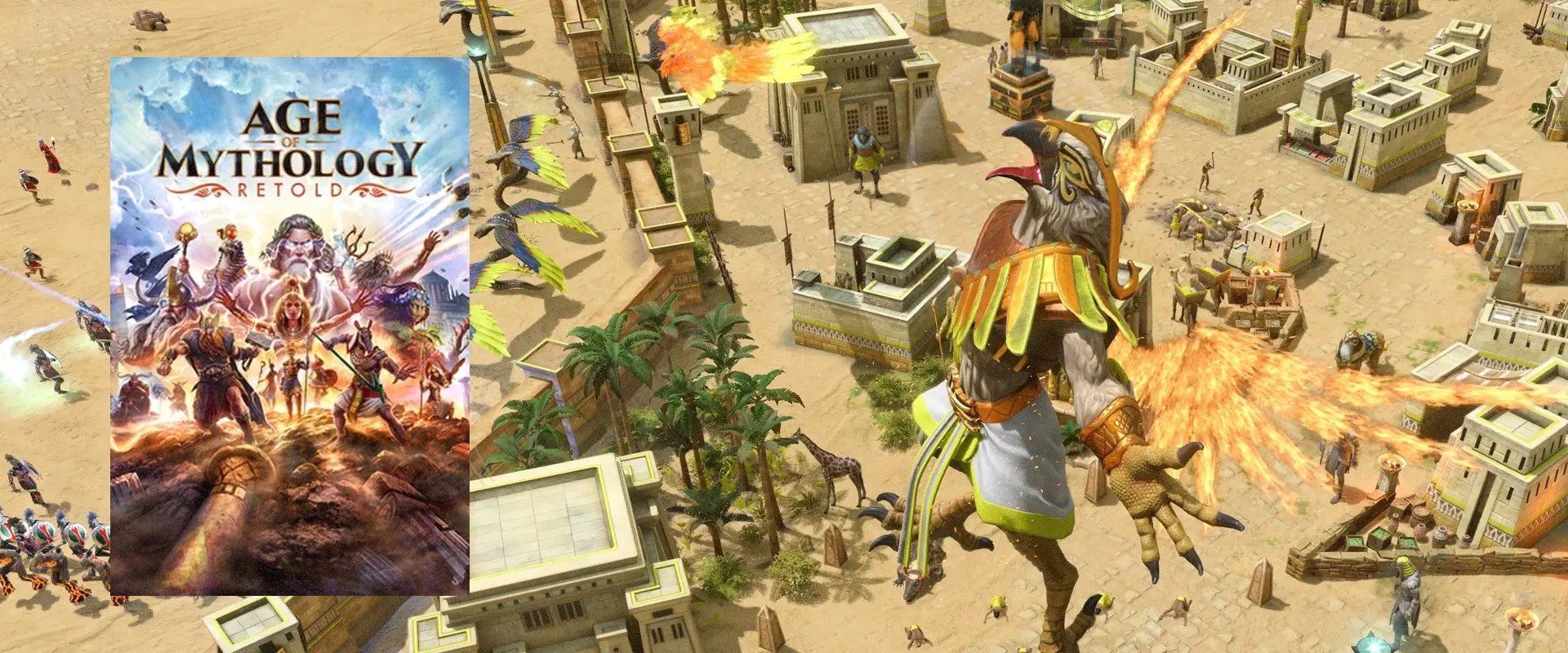 Capa de Age of Mythologies : Retold e imagem do trailer ao fundo