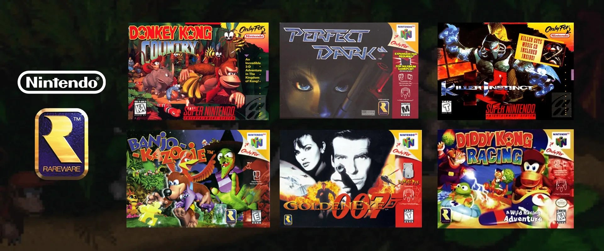 logos da Nintendo e Rareware à esquerda e imagem de jogos clássicos como Donkey Kong Country, Perfect Dark, Killer Instinct, Diddy Kong Racing, Banjo-Kazooie e GoldenEye 007