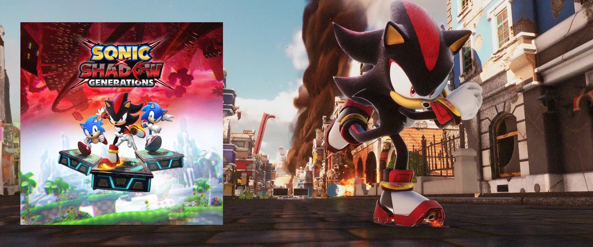Capa do jogo Sonic x Shadow Generations À esquerda e imagens do jogo ao fundo