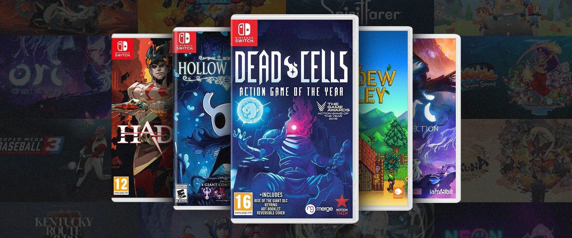 Imagem de jogos indepedentes que possuem versões para Switch, incluindo Hades,  Hollow Knight, Dead Cells, Stardew Valley e Ori the collection