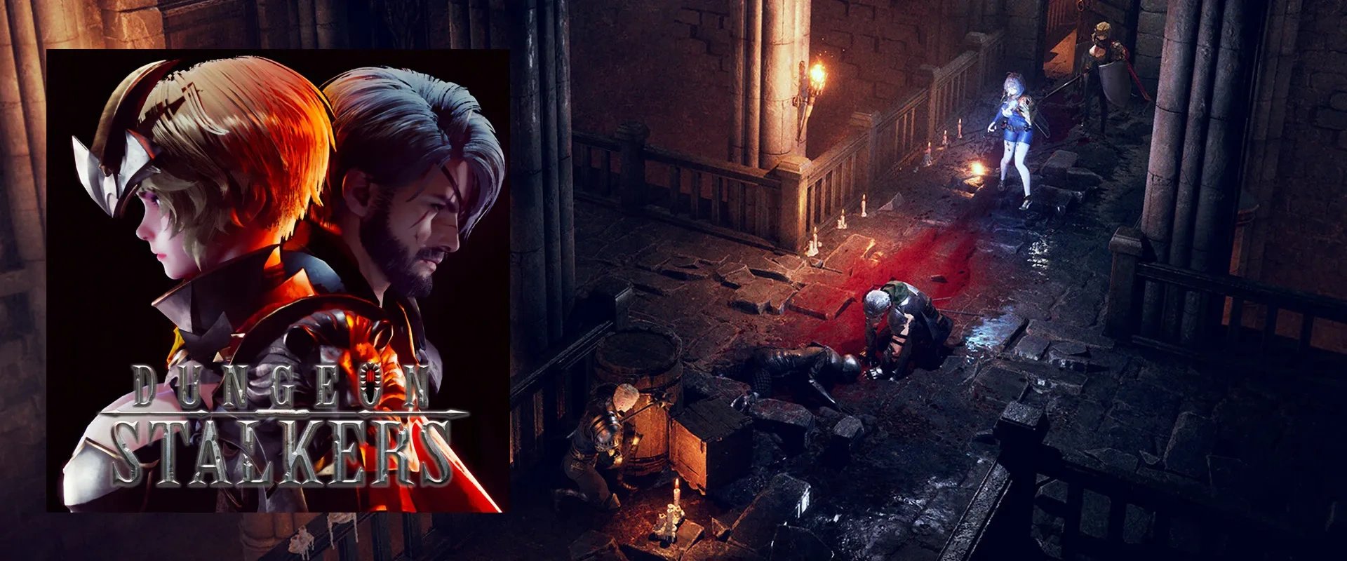 Capa de  Dungeon Stalkers à esquerda e imagens do jogo ao fundo