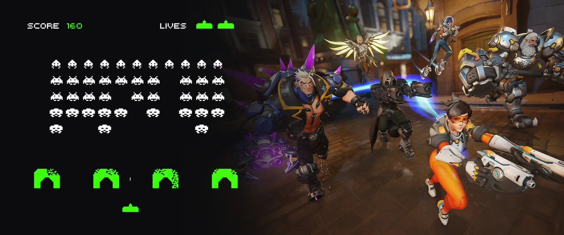 Imagem de Space War! à esquerda e imagem de Overwatch 2 à direita