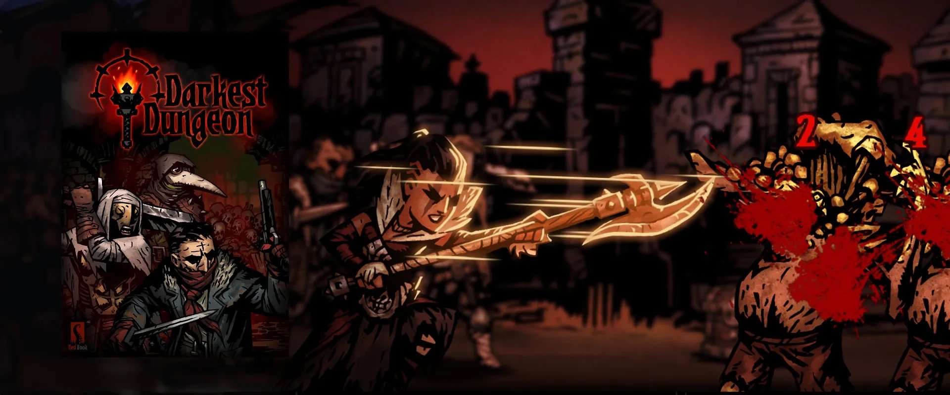 Capa do jogo Darkest Dungeon à esquerda e imagem do jogo à direita