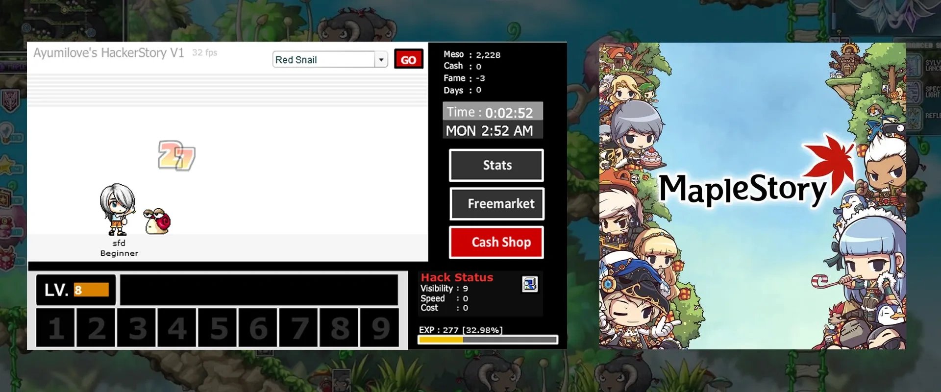 Imagem do ayumilove's HackerStory e a imagem do jogo Mapple Story