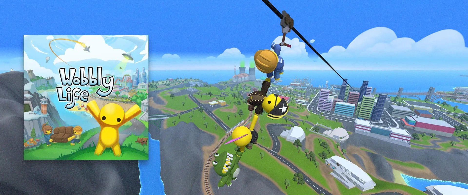 Capa de Wobble Life à esquerda com imagem do jogo ao fundo