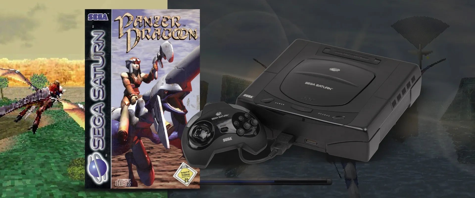 Imagem do jogo Panzer Dragoon à esqueda junto à capa do jogo, imagem do console Sega Saturn à direita