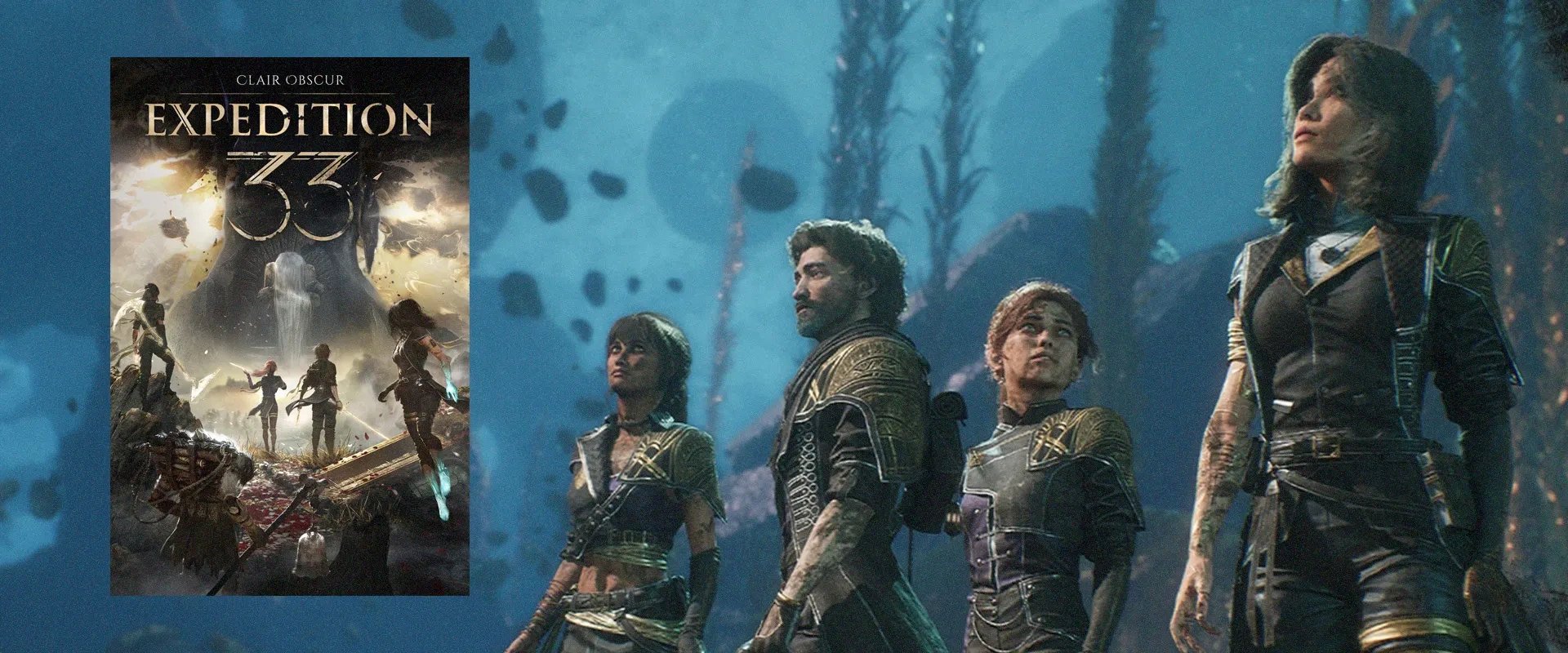 Capa de Clair Obscur: Expedition 33 à esquerda e imagem do jogo ao fundo