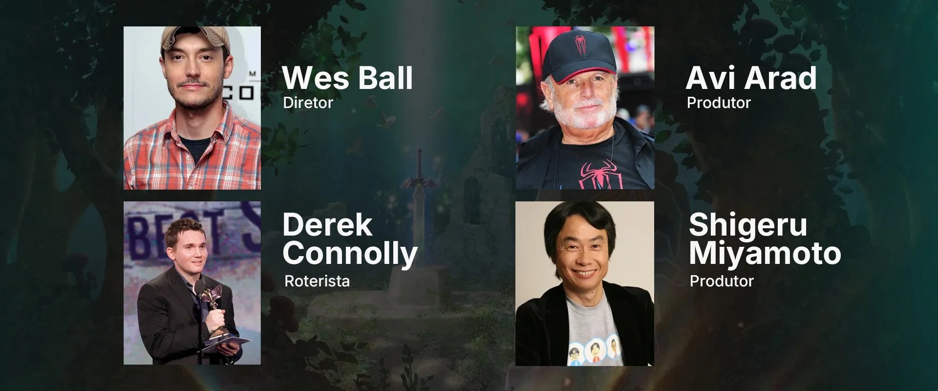 foto de Shigeru Miyamoto, Avid Arad Wes Ball, Derek Connolly, que participarão do novo longa metragem da Nintendo