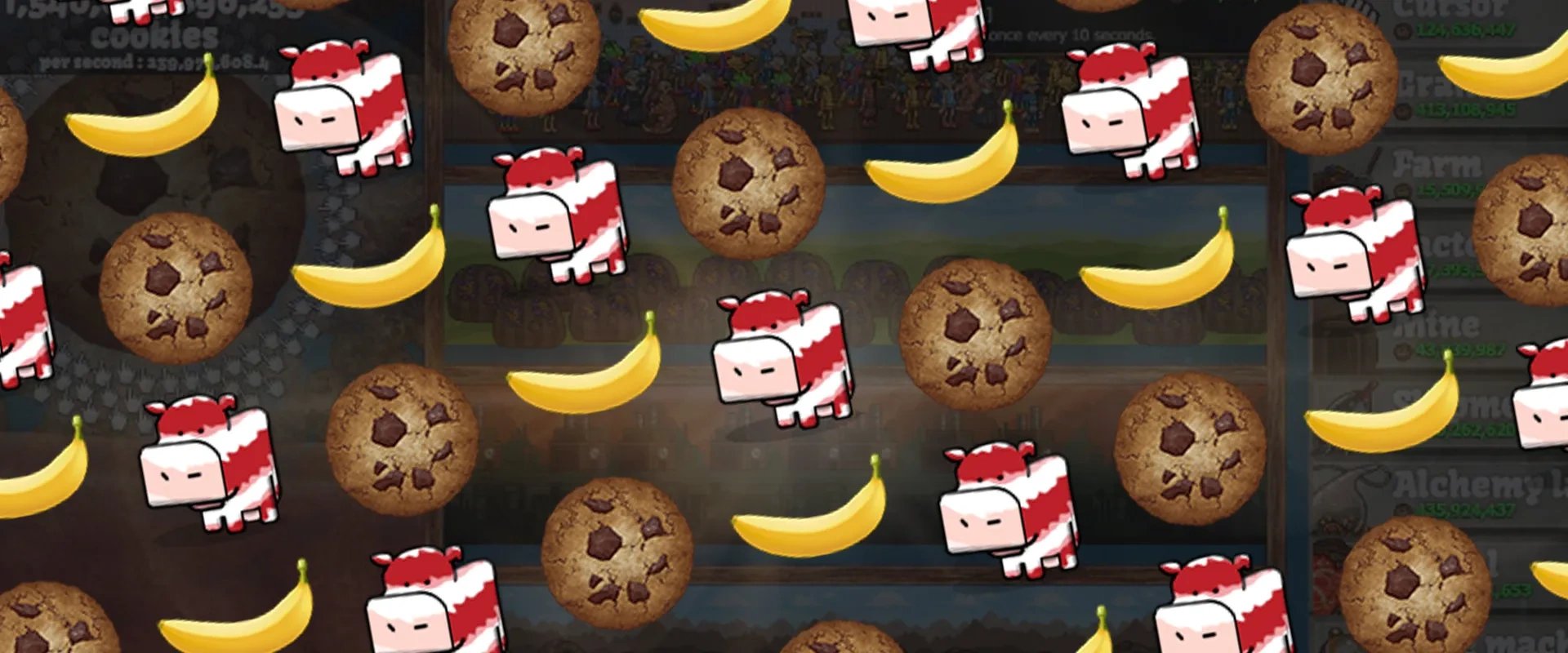 Imagem repetido de vacas, bananas e biscoitos para representar o desenvolvimento do gênero