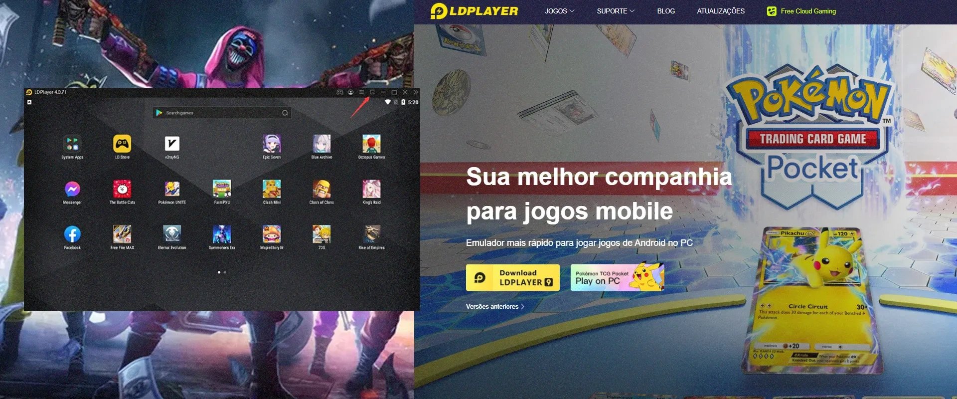 Imagem do emulador à esquerda e imagem do site oficial do LD Player à direita