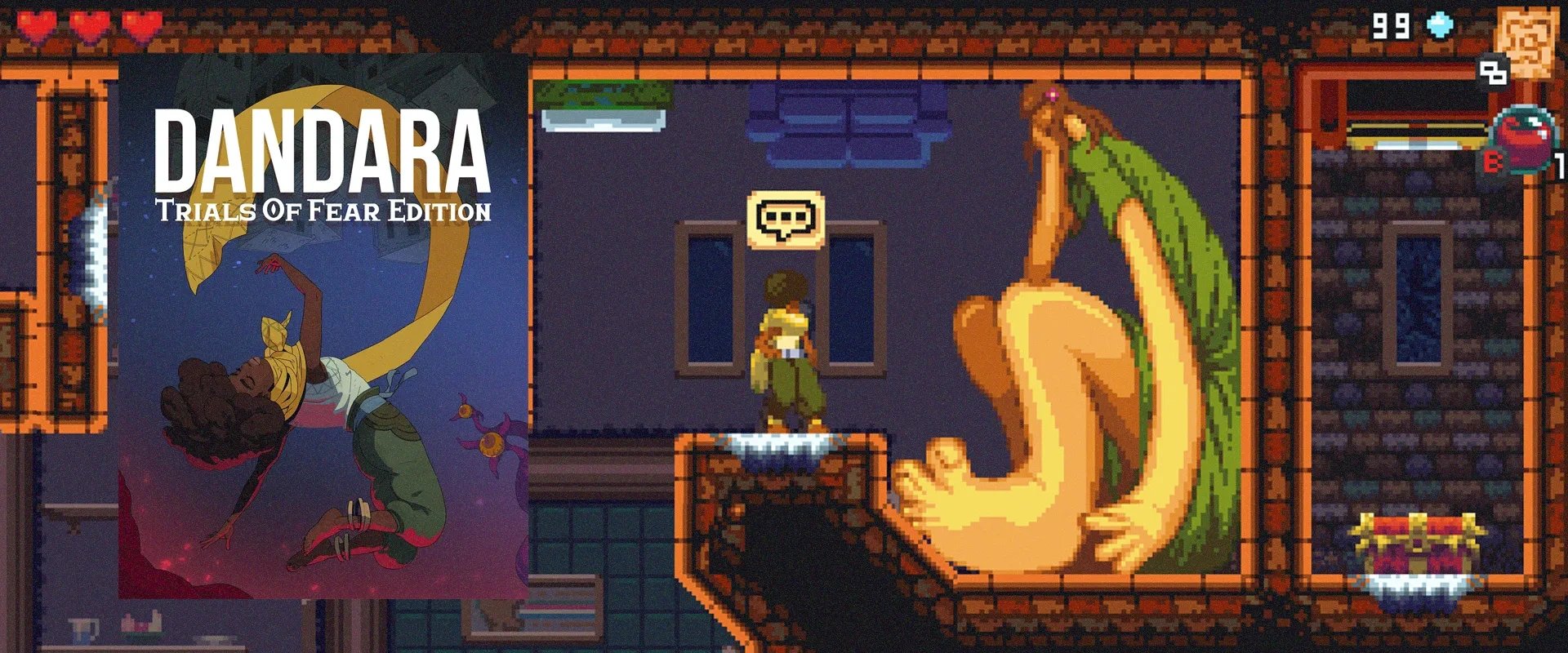 Capa de Dandara à esquerda, com imagem do jogo ao fundo