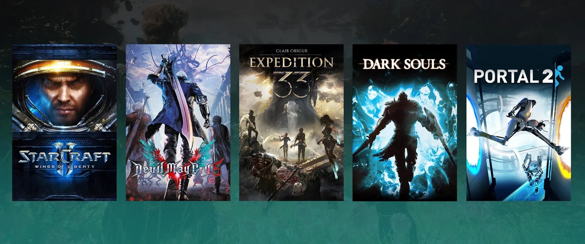 Capa dos jogos: StarCraft II; Devil May Cry 5; Clair Obscur: Expedition 33; Dark Souls e Portal 2