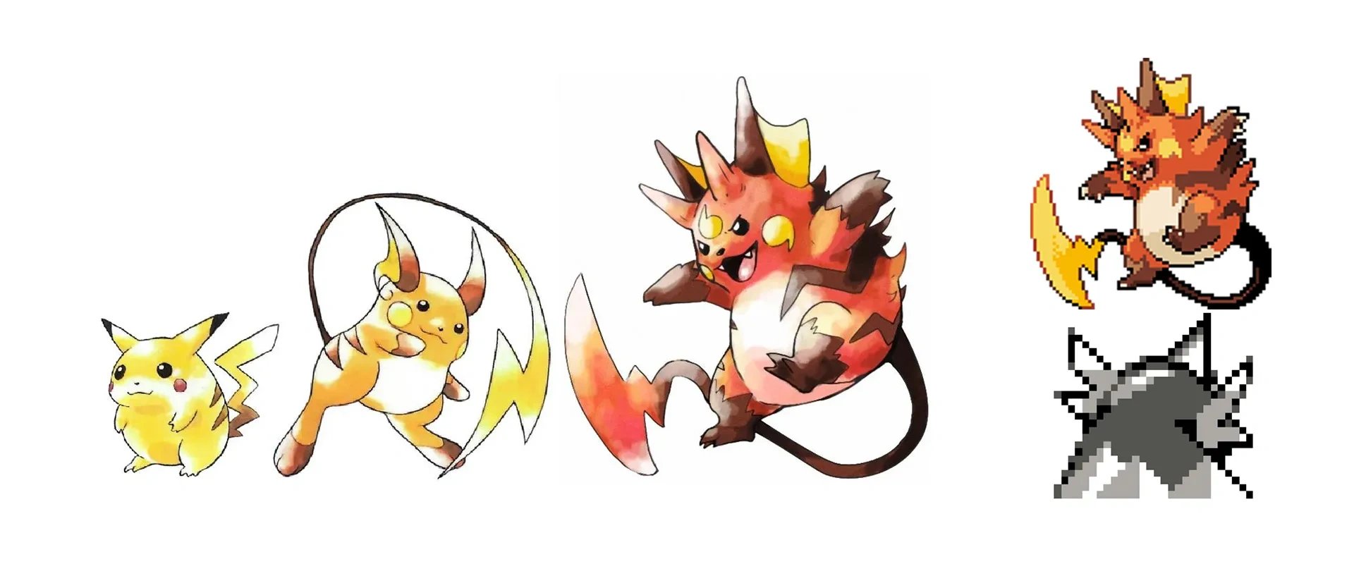 Imagens mostrando as artes oficiais das primeiras evoluções do Pikachu, e uma arte feita por fãs do Gorochu. ao lado direito, existe uma arte em pixelart do Gorochu também criada por fãs, e uma arte pixel art do gorochu oficial encontrado no código dos primeiros jogos