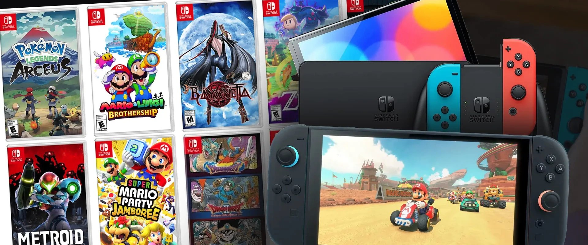 Imagem com diversas capas de jogos para Switch à esquerda e imagem do console Nintendo Switch e Nintendo Switch 2 à direita