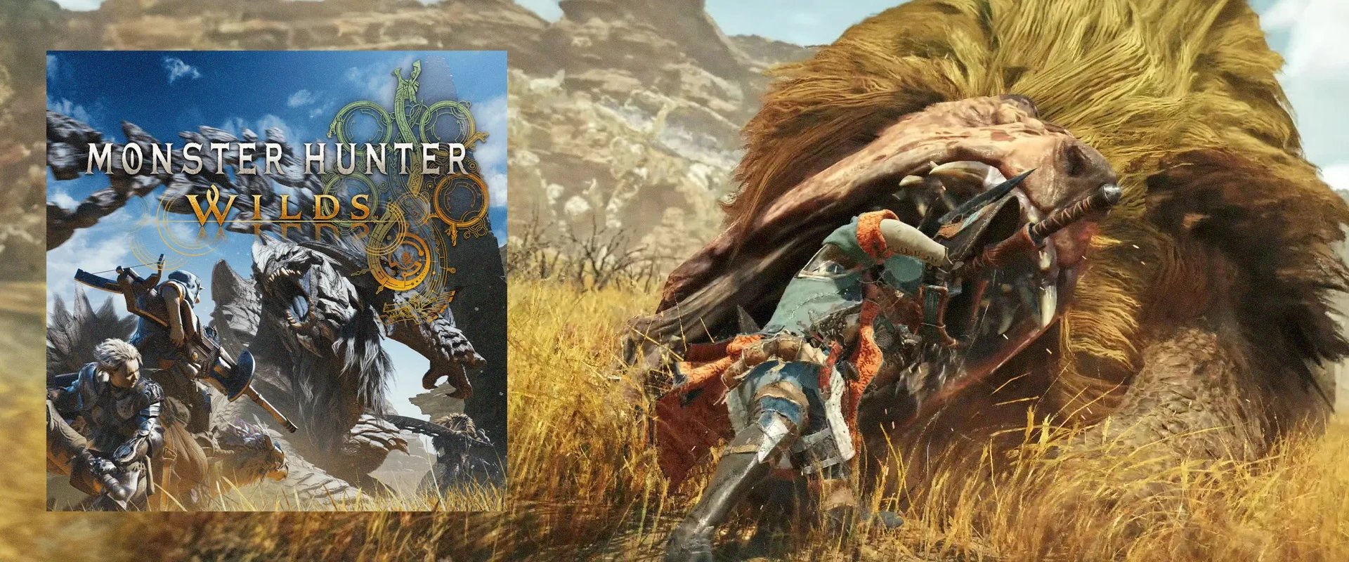 Capa de Monster Hunter Wilds à esquerda, e imagens do trailer ao fundo
