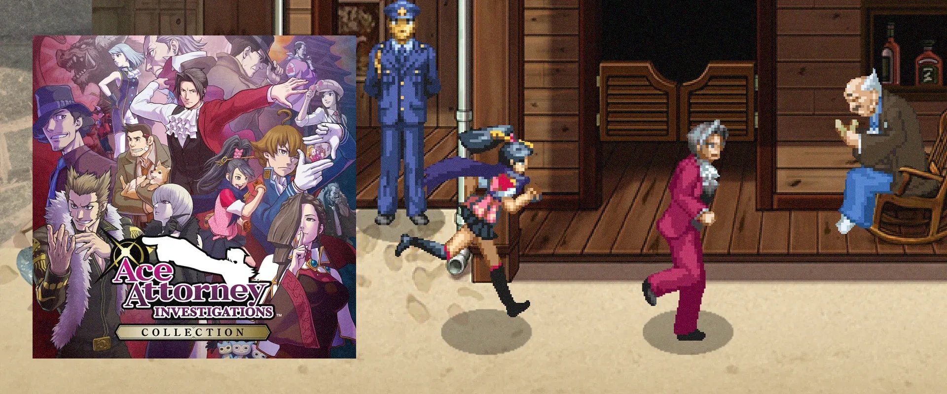 Capa de Ace Attorney collection à esquerda e imagens do jogo ao fundo